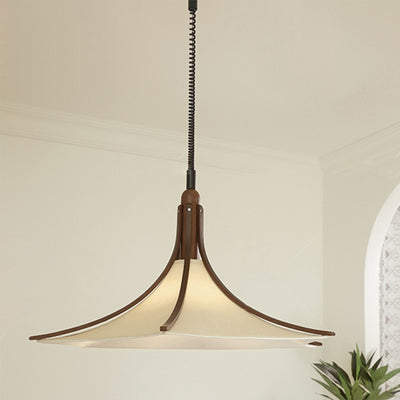 Moderne Mid-Century Hornform Runde Kegel Holz Stoff 1-Licht Pendelleuchte für Esszimmer 