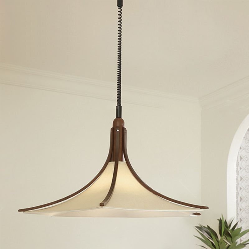 Moderne Mid-Century Hornform Runde Kegel Holz Stoff 1-Licht Pendelleuchte für Esszimmer 