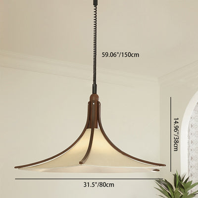 Moderne Mid-Century Hornform Runde Kegel Holz Stoff 1-Licht Pendelleuchte für Esszimmer 