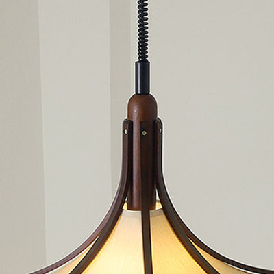 Moderne Mid-Century Hornform Runde Kegel Holz Stoff 1-Licht Pendelleuchte für Esszimmer 