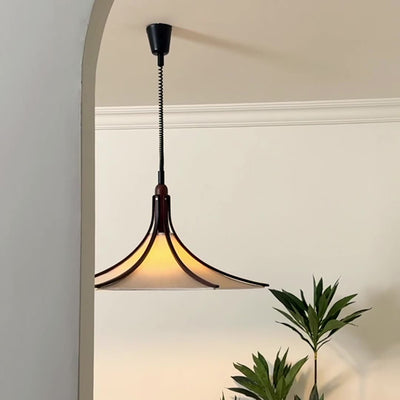 Moderne Mid-Century Hornform Runde Kegel Holz Stoff 1-Licht Pendelleuchte für Esszimmer 