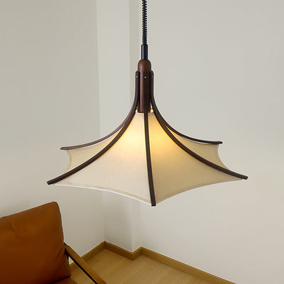 Moderne Mid-Century Hornform Runde Kegel Holz Stoff 1-Licht Pendelleuchte für Esszimmer 