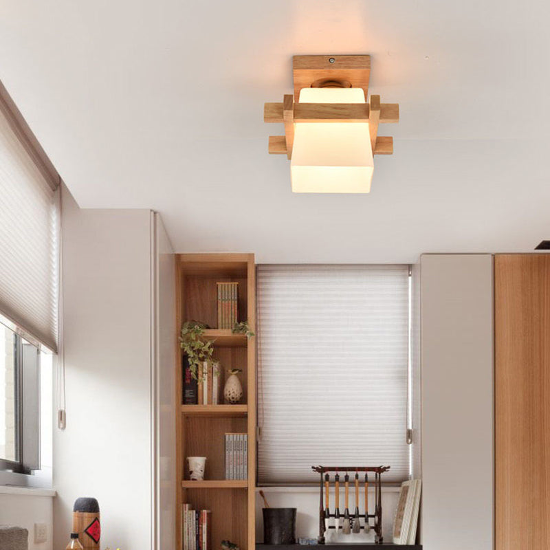 Modern Minimalist Square Wood Glass Semi-Flush Mount Ceiling Light For Hallway
