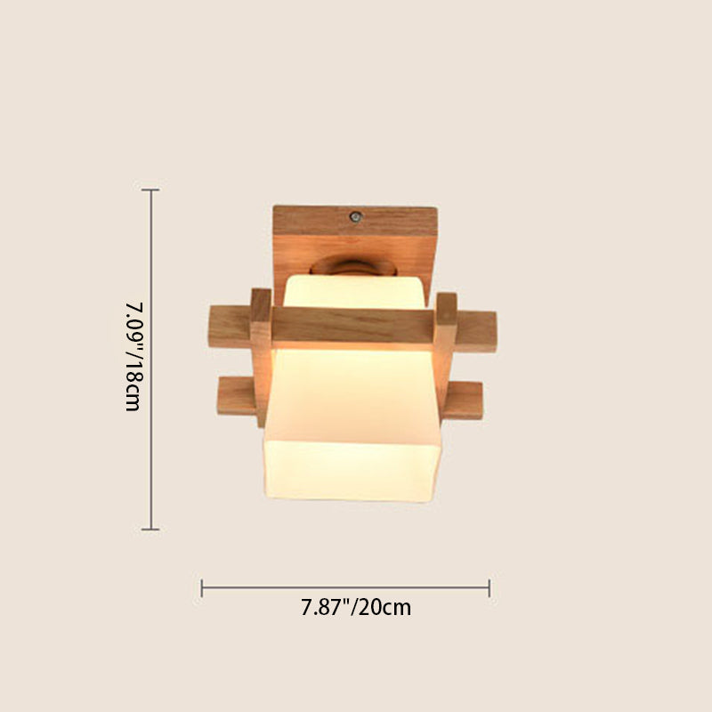 Modern Minimalist Square Wood Glass Semi-Flush Mount Ceiling Light For Hallway