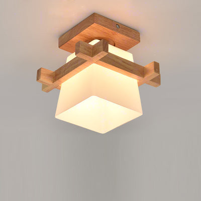 Modern Minimalist Square Wood Glass Semi-Flush Mount Ceiling Light For Hallway
