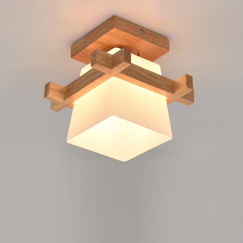Modern Minimalist Square Wood Glass Semi-Flush Mount Ceiling Light For Hallway