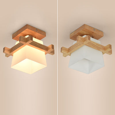 Modern Minimalist Square Wood Glass Semi-Flush Mount Ceiling Light For Hallway