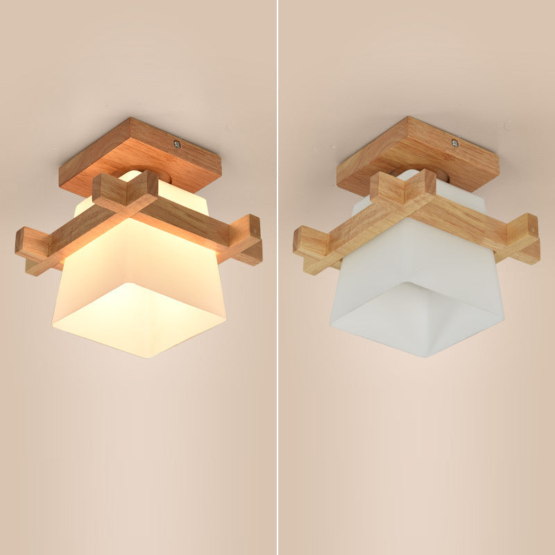 Modern Minimalist Square Wood Glass Semi-Flush Mount Ceiling Light For Hallway