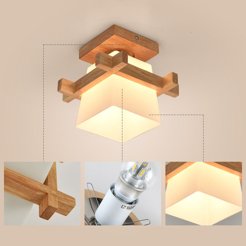 Modern Minimalist Square Wood Glass Semi-Flush Mount Ceiling Light For Hallway