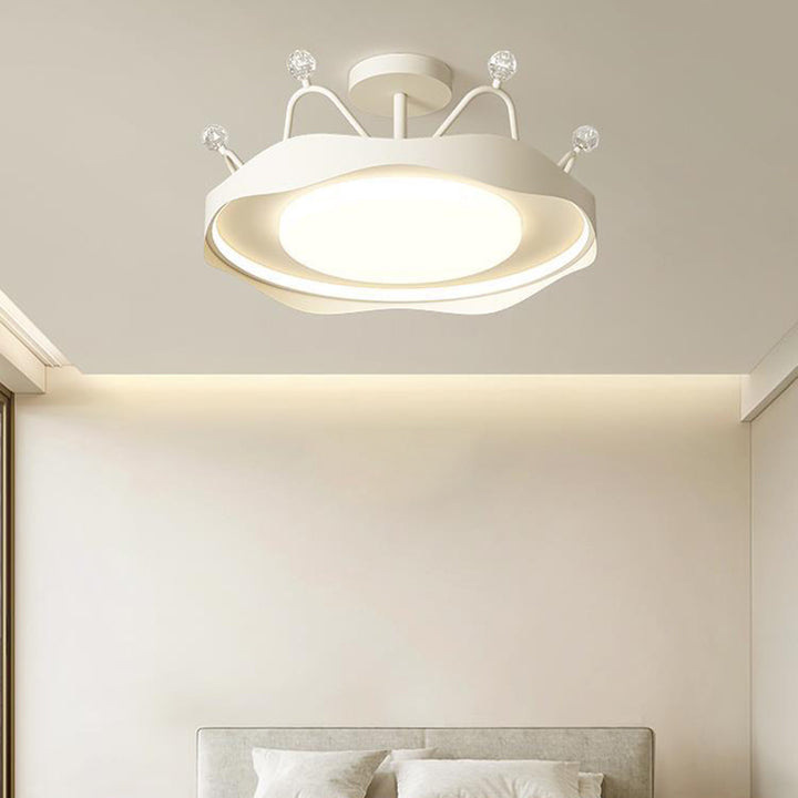Contemporary Scandinavian Crown Round Iron Crystal Acrylic Semi-Flush Mount Ceiling Light For Bedroom
