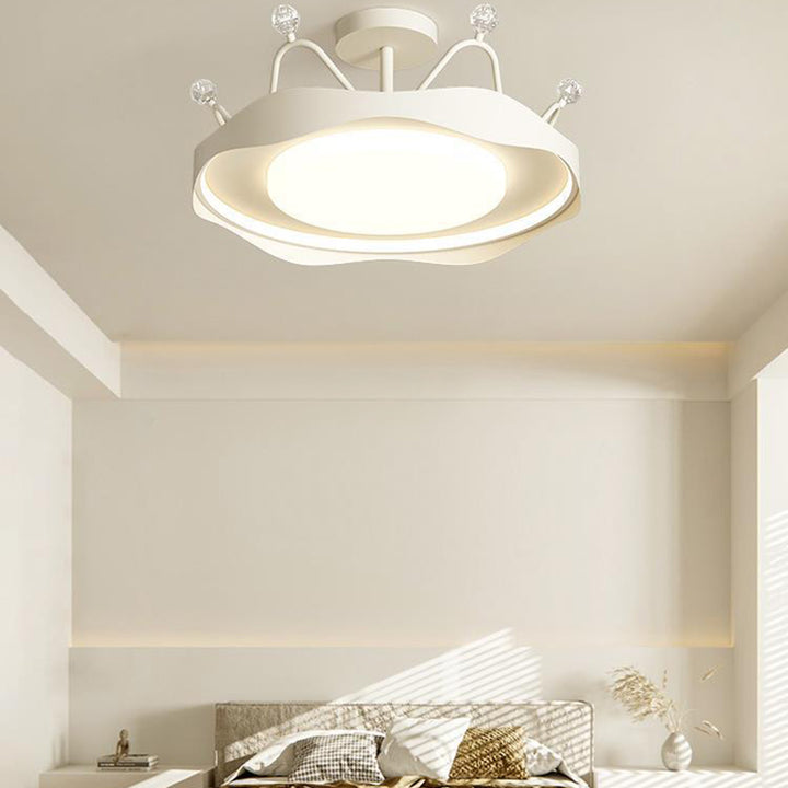 Contemporary Scandinavian Crown Round Iron Crystal Acrylic Semi-Flush Mount Ceiling Light For Bedroom