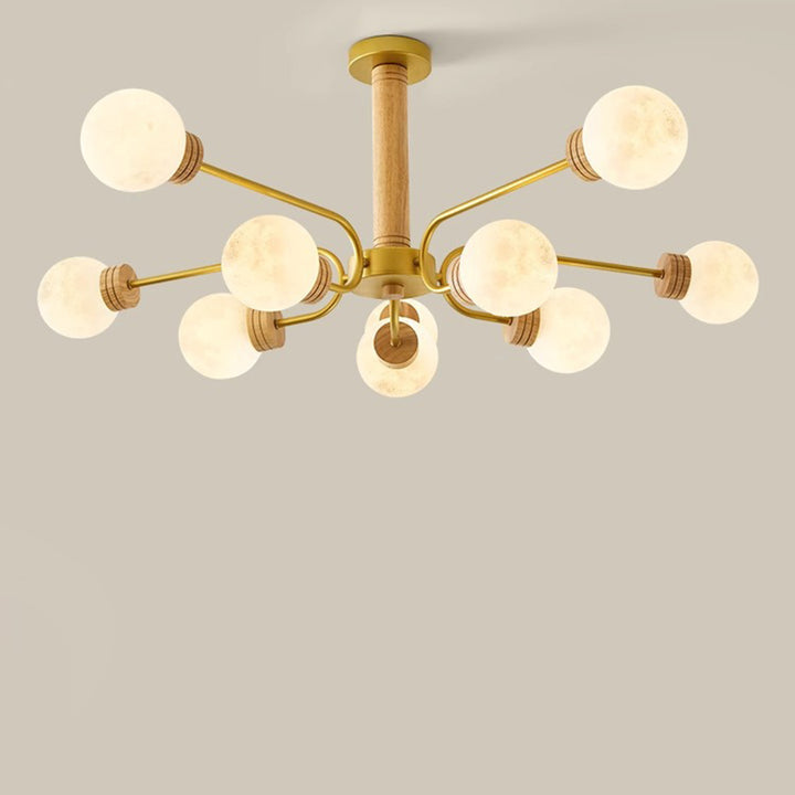 Contemporary Scandinavian Round Iron Oak Acrylic 6/10 Light Chandelier For Bedroom