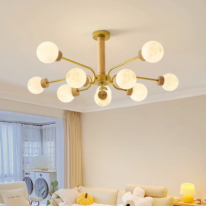 Contemporary Scandinavian Round Iron Oak Acrylic 6/10 Light Chandelier For Bedroom