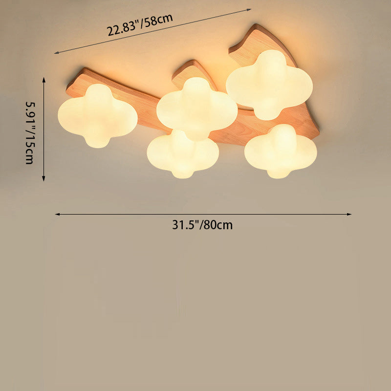 Zeitgenössische kreative Creme-Wolkenform Rhombus Rubberwood Glas 3/5 Licht halb bündige Deckenleuchte für Schlafzimmer 