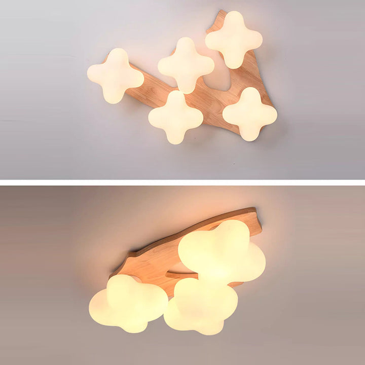 Zeitgenössische kreative Creme-Wolkenform Rhombus Rubberwood Glas 3/5 Licht halb bündige Deckenleuchte für Schlafzimmer 