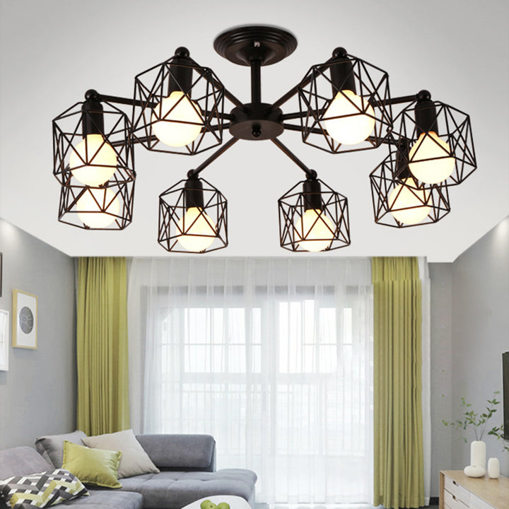 Zeitgenössische industrielle sechseckige Eisen 3/5/6/8 Licht Semi-Flush Deckenleuchte für Wohnzimmer 