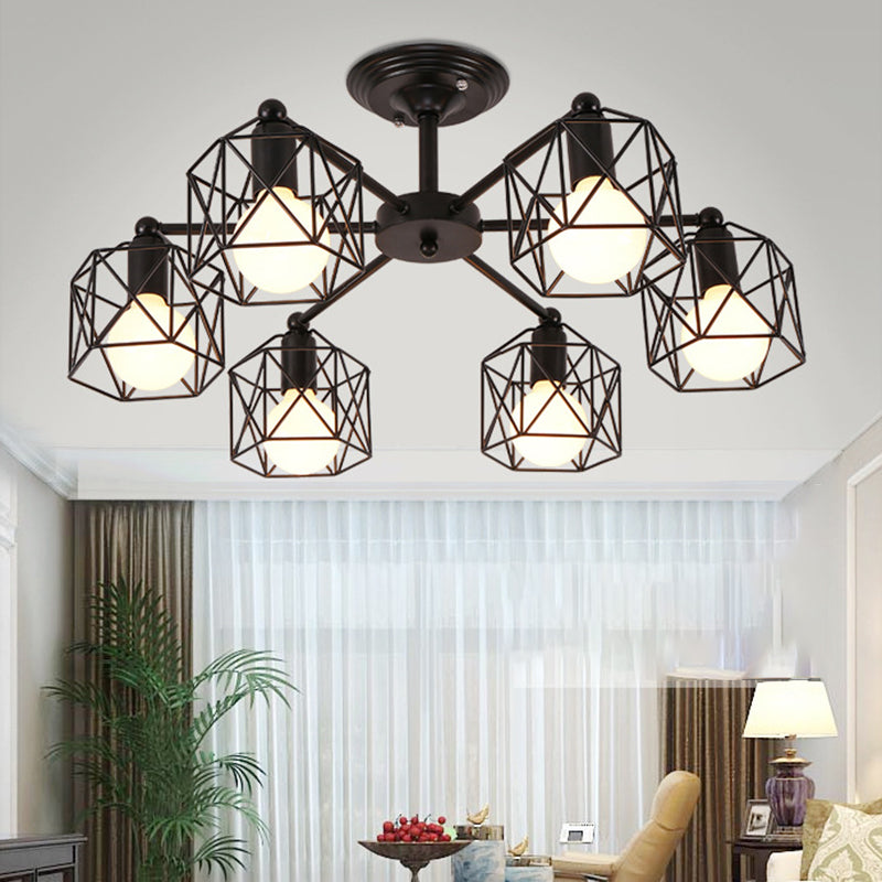 Zeitgenössische industrielle sechseckige Eisen 3/5/6/8 Licht Semi-Flush Deckenleuchte für Wohnzimmer 