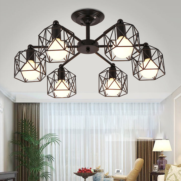 Zeitgenössische industrielle sechseckige Eisen 3/5/6/8 Licht Semi-Flush Deckenleuchte für Wohnzimmer 