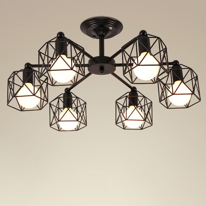 Zeitgenössische industrielle sechseckige Eisen 3/5/6/8 Licht Semi-Flush Deckenleuchte für Wohnzimmer 