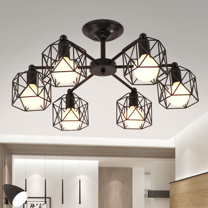 Zeitgenössische industrielle sechseckige Eisen 3/5/6/8 Licht Semi-Flush Deckenleuchte für Wohnzimmer 