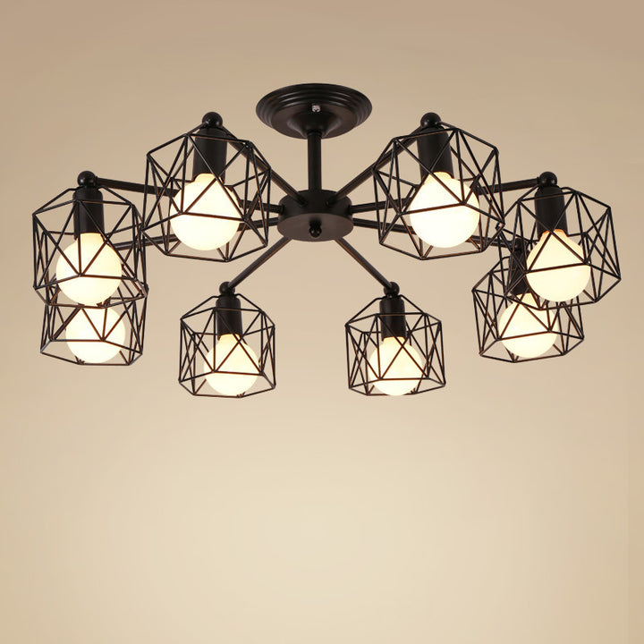 Zeitgenössische industrielle sechseckige Eisen 3/5/6/8 Licht Semi-Flush Deckenleuchte für Wohnzimmer 