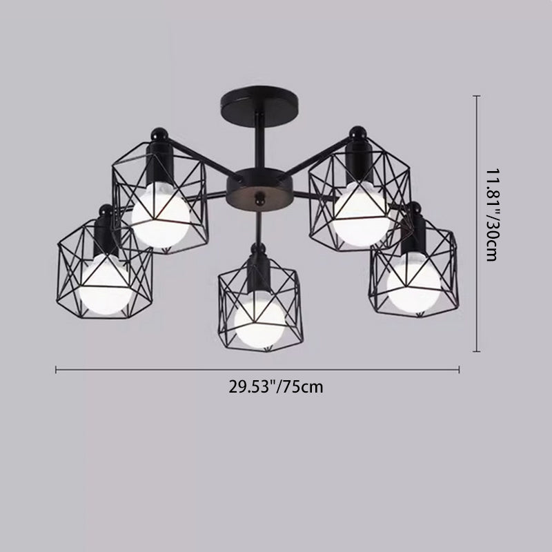 Zeitgenössische industrielle sechseckige Eisen 3/5/6/8 Licht Semi-Flush Deckenleuchte für Wohnzimmer 