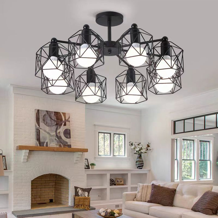 Zeitgenössische industrielle sechseckige Eisen 3/5/6/8 Licht Semi-Flush Deckenleuchte für Wohnzimmer 