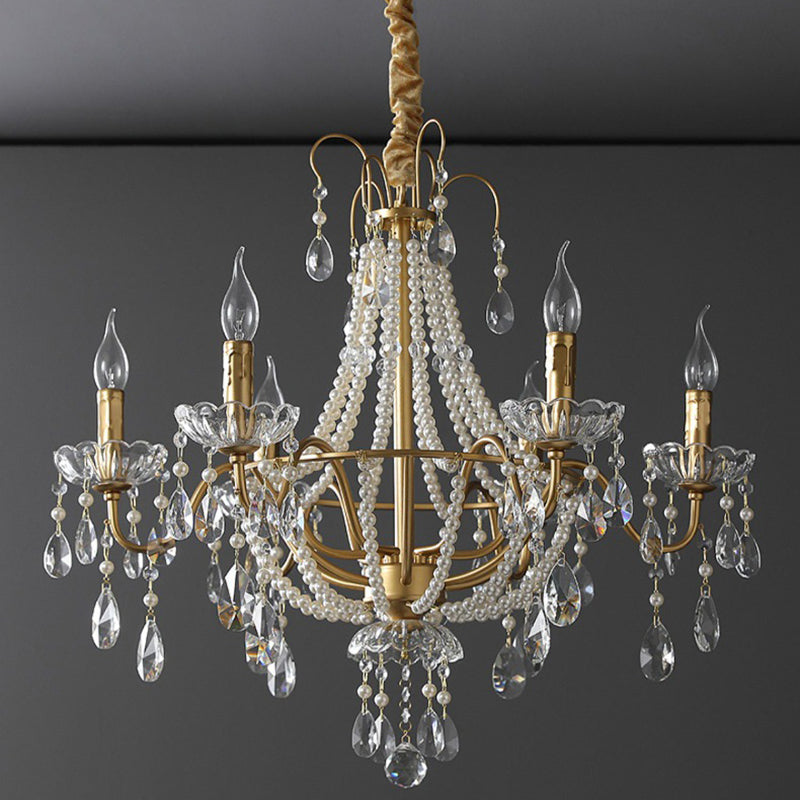 Traditional French Pearl Candle Round Iron Crystal Glass 3/6/8-Light Chandelier For Living Room