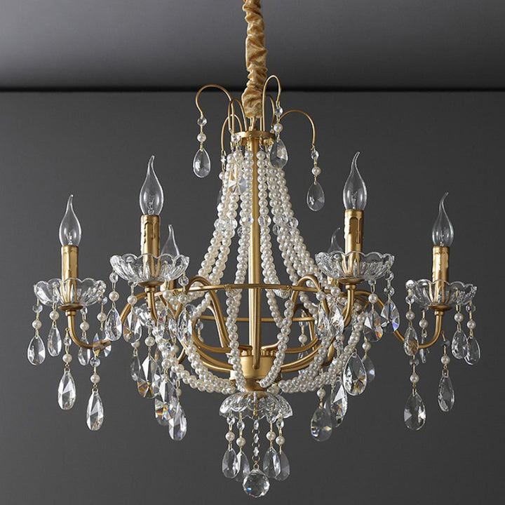Traditional French Pearl Candle Round Iron Crystal Glass 3/6/8-Light Chandelier For Living Room