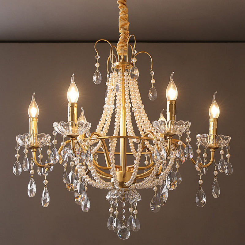 Traditional French Pearl Candle Round Iron Crystal Glass 3/6/8-Light Chandelier For Living Room