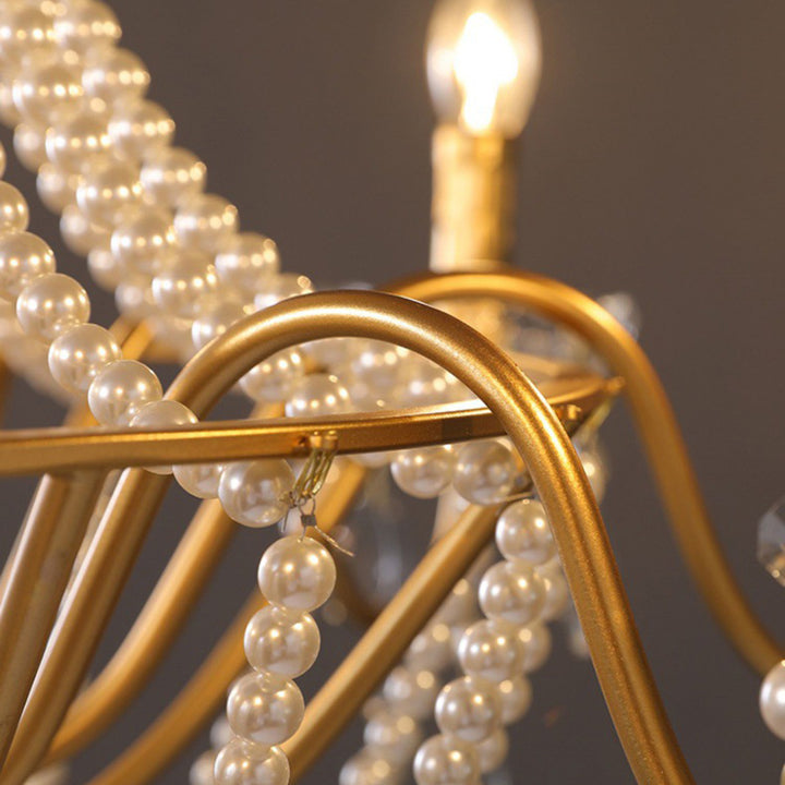 Traditional French Pearl Candle Round Iron Crystal Glass 3/6/8-Light Chandelier For Living Room