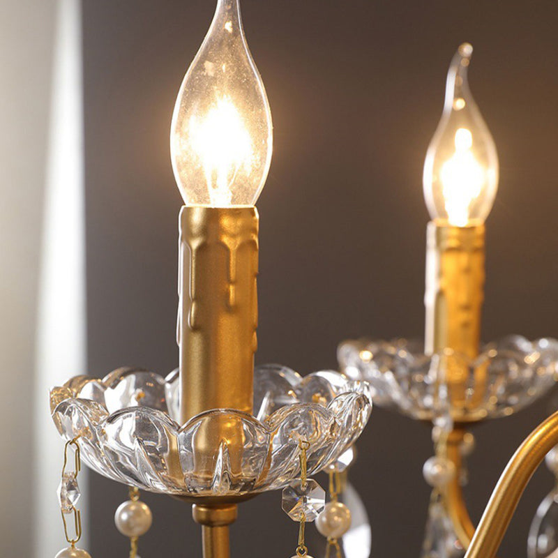 Traditional French Pearl Candle Round Iron Crystal Glass 3/6/8-Light Chandelier For Living Room