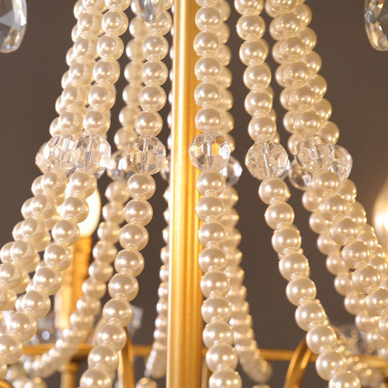 Traditional French Pearl Candle Round Iron Crystal Glass 3/6/8-Light Chandelier For Living Room