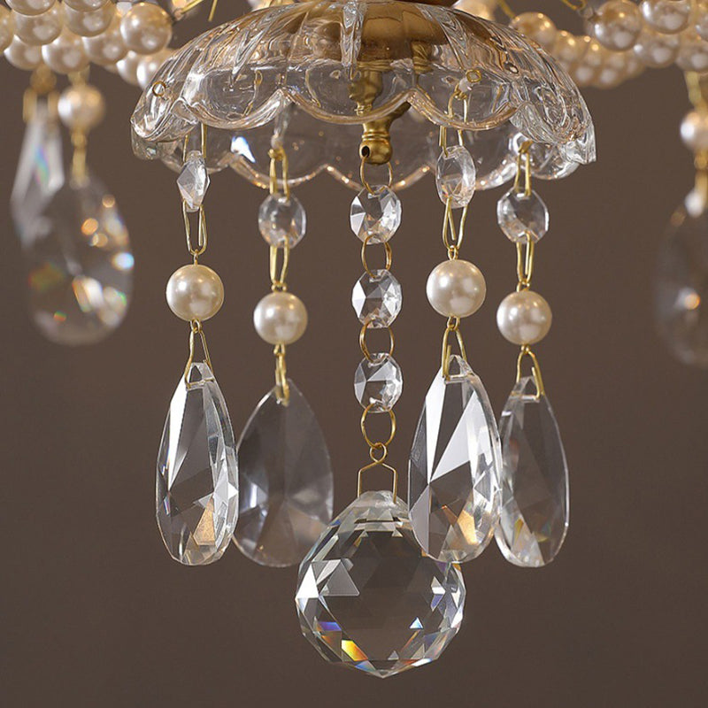Traditional French Pearl Candle Round Iron Crystal Glass 3/6/8-Light Chandelier For Living Room