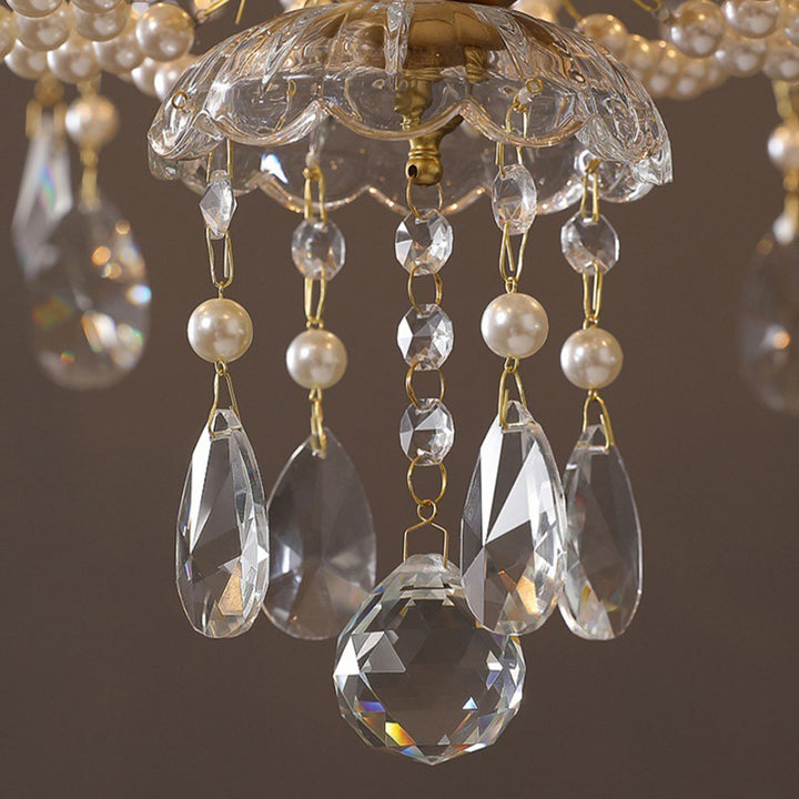 Traditional French Pearl Candle Round Iron Crystal Glass 3/6/8-Light Chandelier For Living Room
