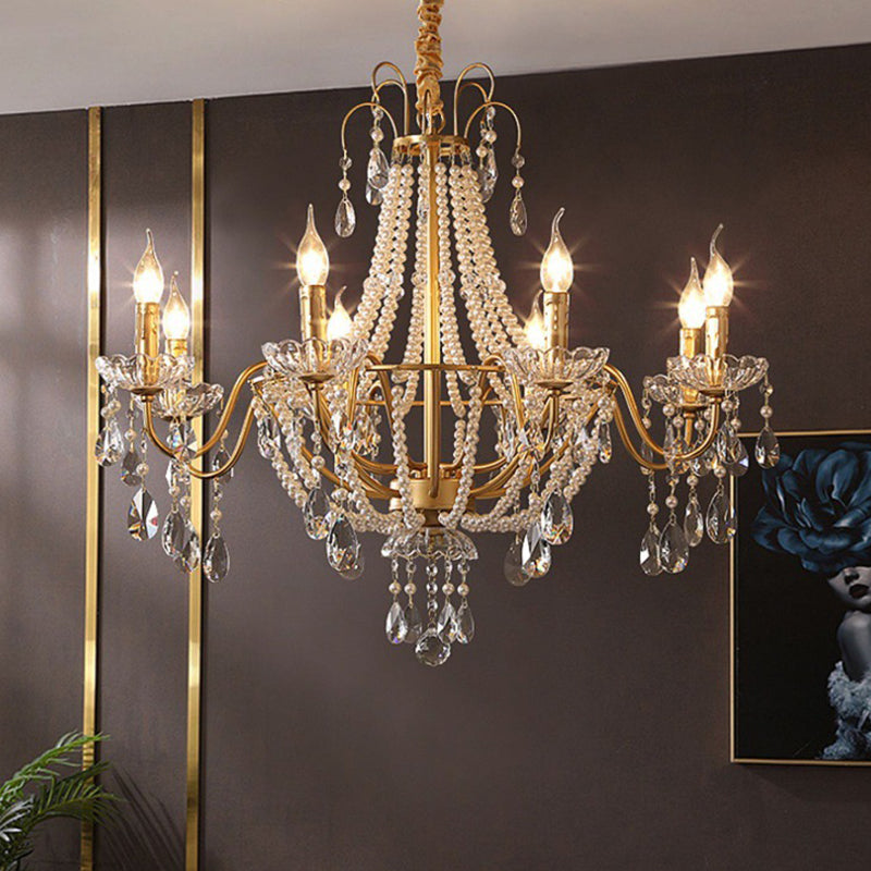 Traditional French Pearl Candle Round Iron Crystal Glass 3/6/8-Light Chandelier For Living Room