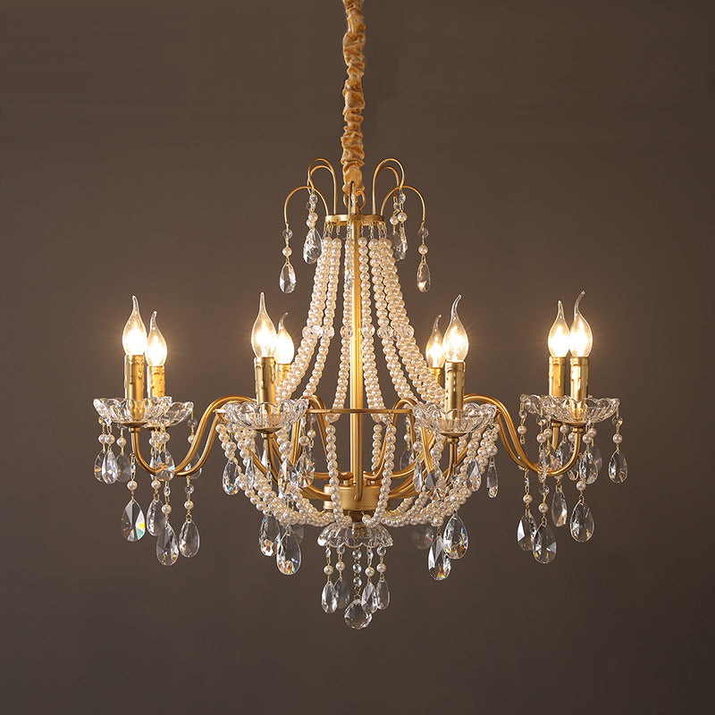 Traditional French Pearl Candle Round Iron Crystal Glass 3/6/8-Light Chandelier For Living Room