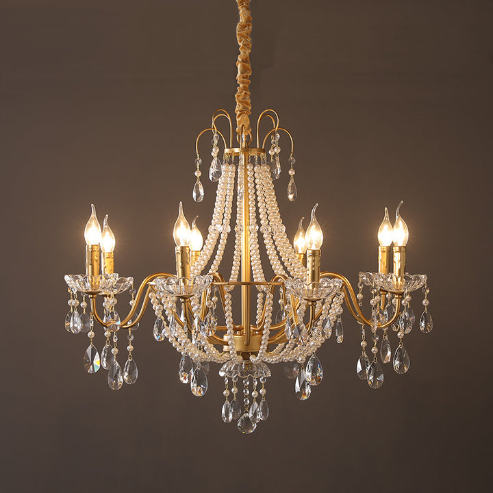 Traditional French Pearl Candle Round Iron Crystal Glass 3/6/8-Light Chandelier For Living Room