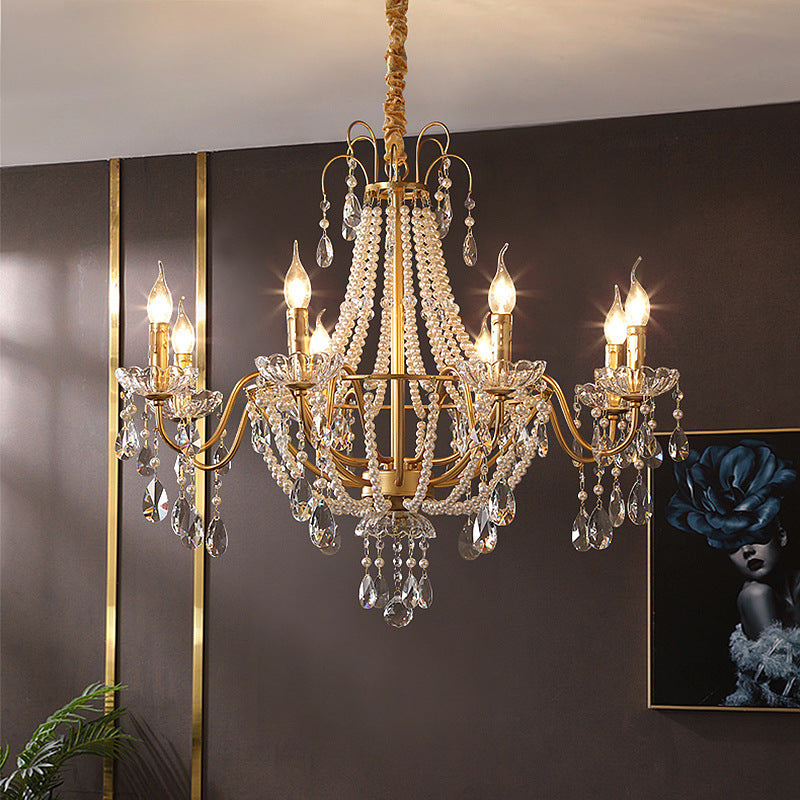 Traditional French Pearl Candle Round Iron Crystal Glass 3/6/8-Light Chandelier For Living Room