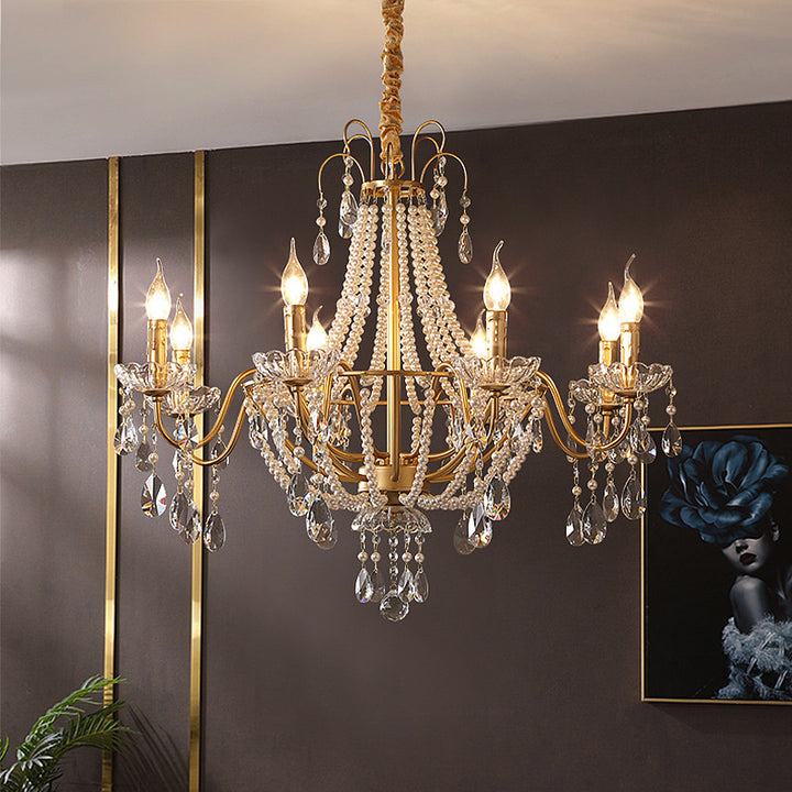Traditional French Pearl Candle Round Iron Crystal Glass 3/6/8-Light Chandelier For Living Room