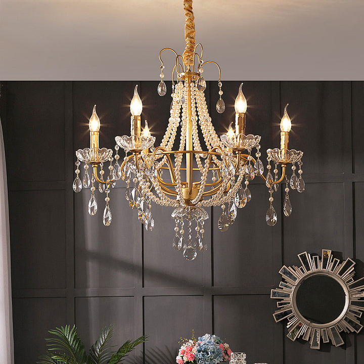 Traditional French Pearl Candle Round Iron Crystal Glass 3/6/8-Light Chandelier For Living Room