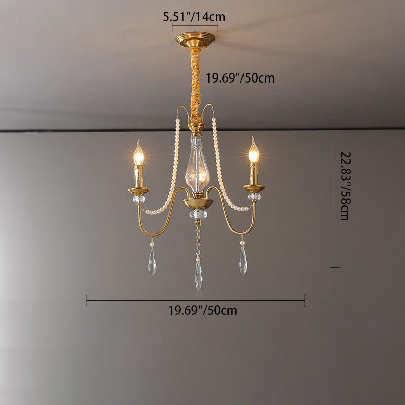 Traditional French Pearl Candle Round Iron Crystal Glass 3/6/8-Light Chandelier For Living Room