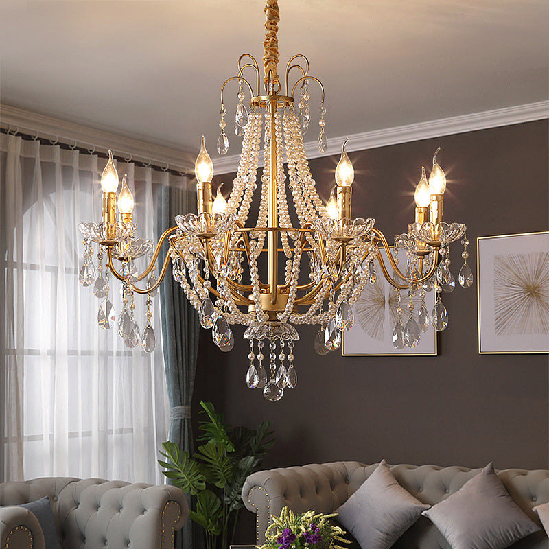 Traditional French Pearl Candle Round Iron Crystal Glass 3/6/8-Light Chandelier For Living Room