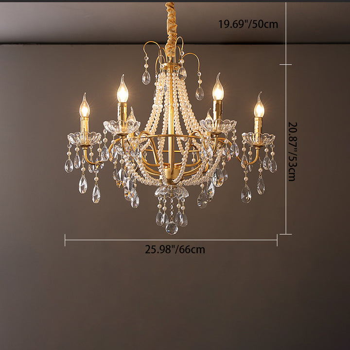 Traditional French Pearl Candle Round Iron Crystal Glass 3/6/8-Light Chandelier For Living Room