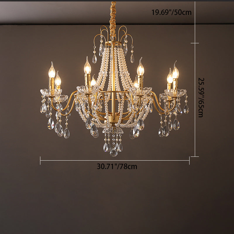 Traditional French Pearl Candle Round Iron Crystal Glass 3/6/8-Light Chandelier For Living Room