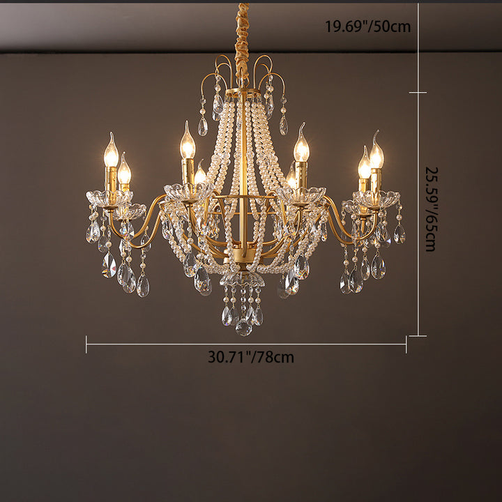 Traditional French Pearl Candle Round Iron Crystal Glass 3/6/8-Light Chandelier For Living Room