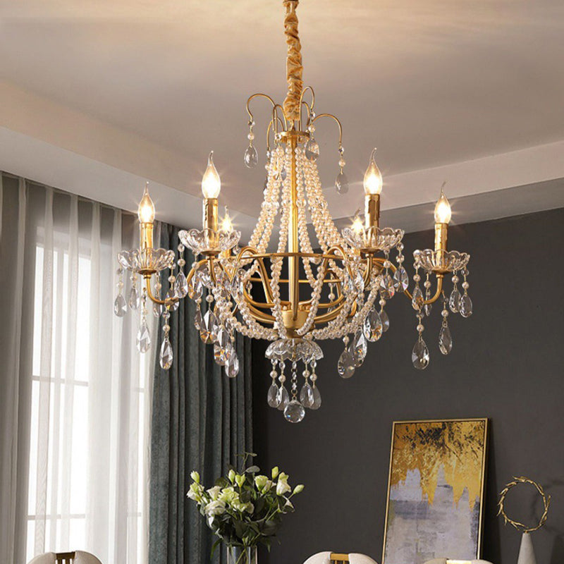 Traditional French Pearl Candle Round Iron Crystal Glass 3/6/8-Light Chandelier For Living Room