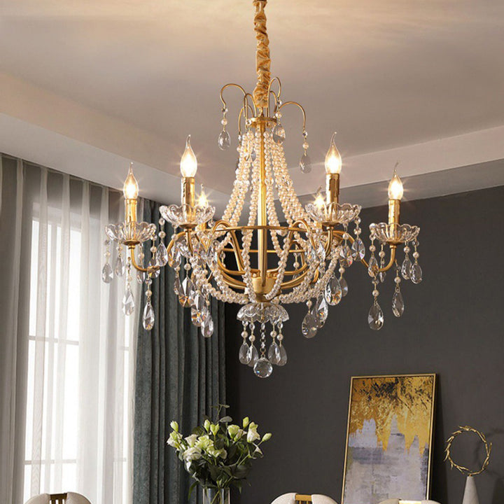 Traditional French Pearl Candle Round Iron Crystal Glass 3/6/8-Light Chandelier For Living Room