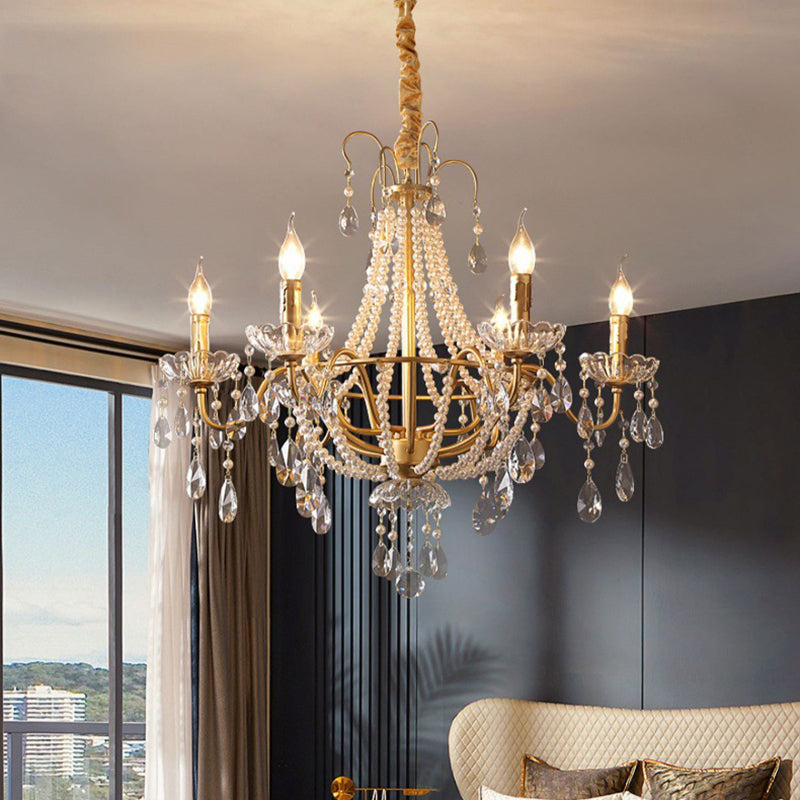 Traditional French Pearl Candle Round Iron Crystal Glass 3/6/8-Light Chandelier For Living Room