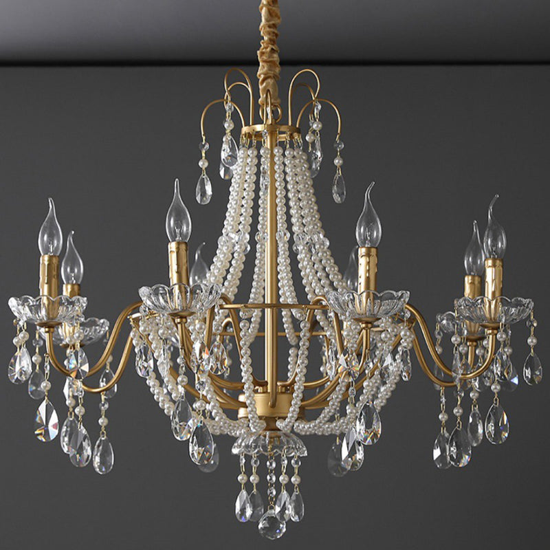 Traditional French Pearl Candle Round Iron Crystal Glass 3/6/8-Light Chandelier For Living Room